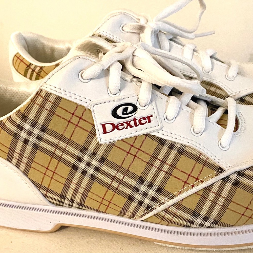 Dexter Famous Plaid Bowling Shoes Womens 10 Mens 8 Slide Rite Tan White w/ Box - Picture 14 of 16
